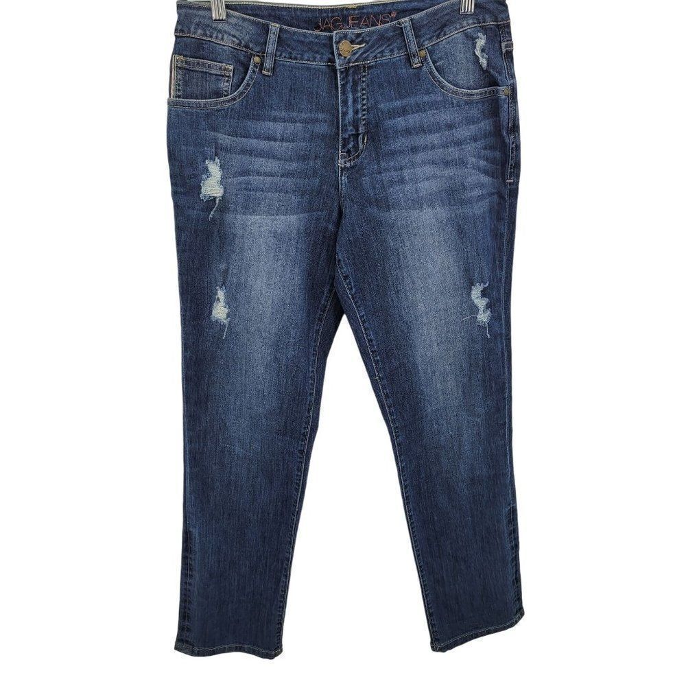 JAG Jeans 10 Girlfriend Distressed‎ Whiskered Fading Stretch Tapered Mid Rise